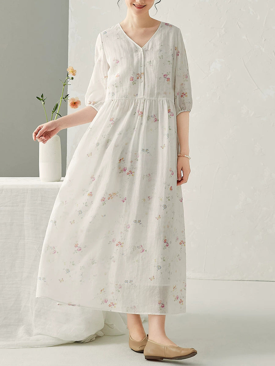Plus Size Women Summer Artsy Floral Ramie V-Neck Dress