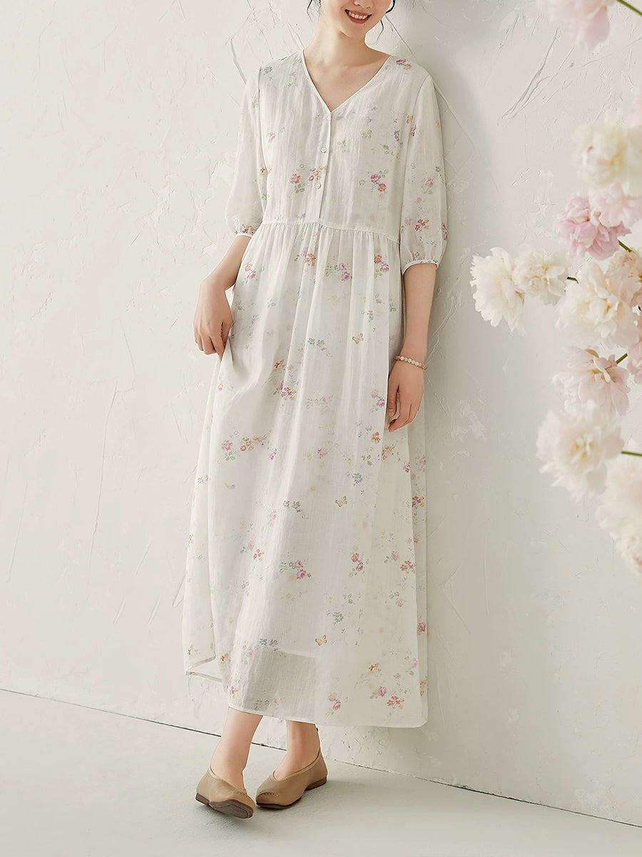 Plus Size Women Summer Artsy Floral Ramie V-Neck Dress