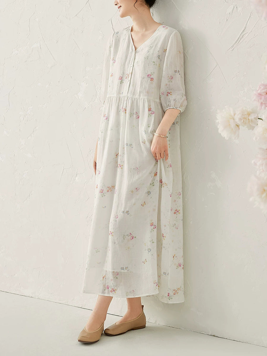 Plus Size Women Summer Artsy Floral Ramie V-Neck Dress