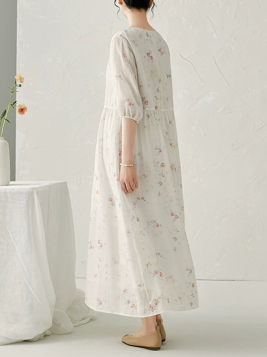 Plus Size Women Summer Artsy Floral Ramie V-Neck Dress