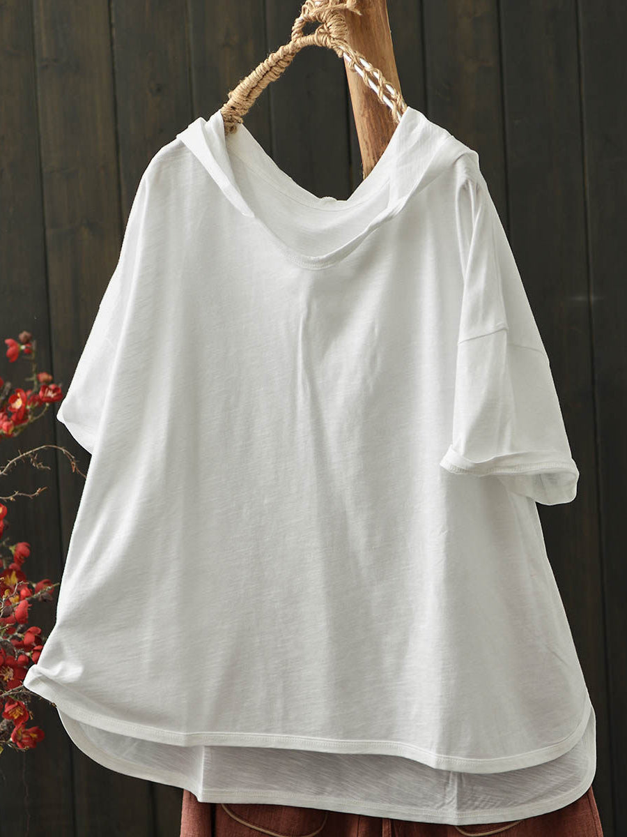 Plus Size Women Summer Casual Pure Color Cotton Hoodie