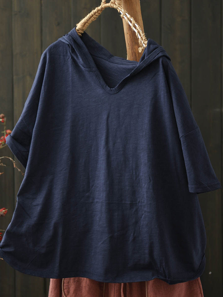 Plus Size Women Summer Casual Pure Color Cotton Hoodie