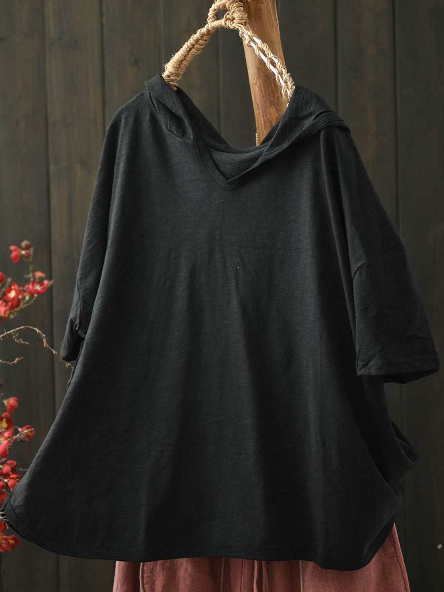 Plus Size Women Summer Casual Pure Color Cotton Hoodie