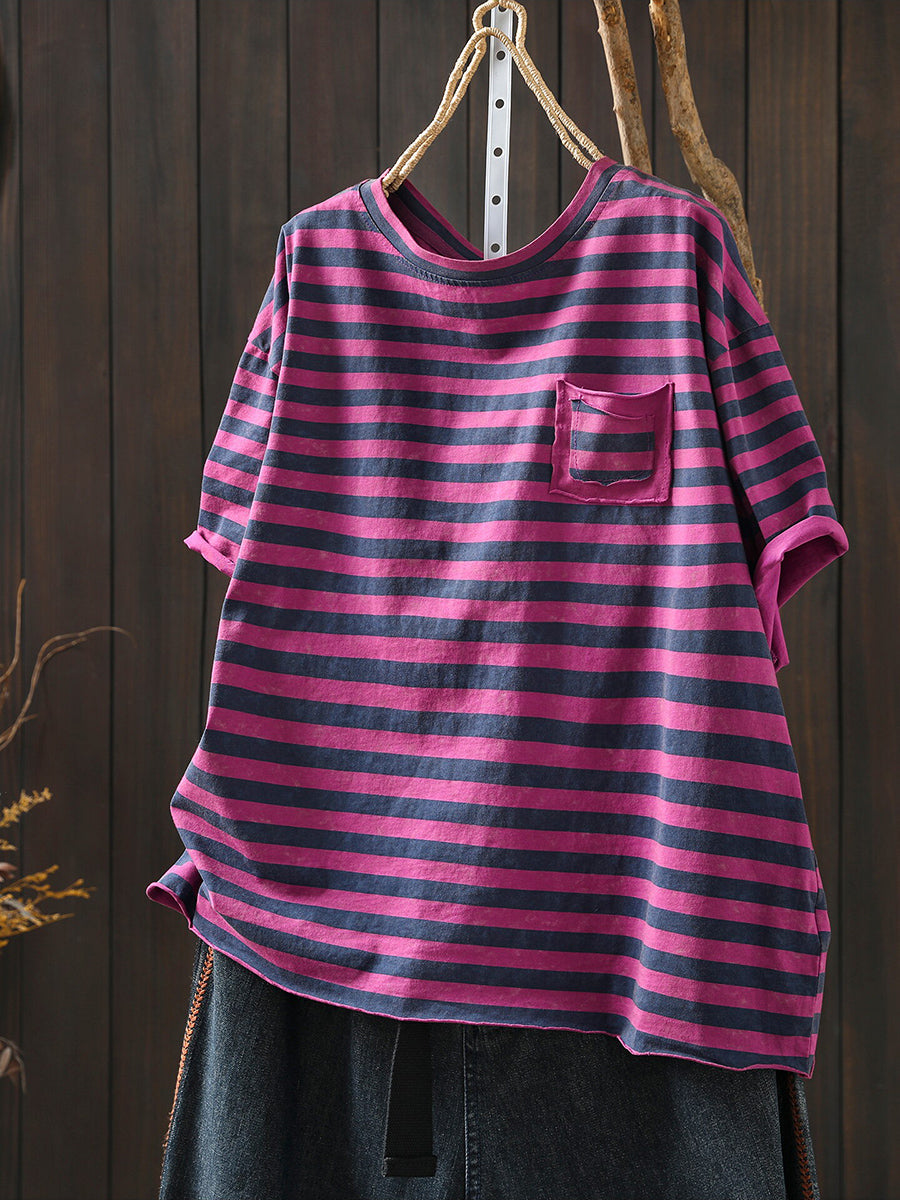 Plus Size Women Summer Casual Stripe O-Neck T-Shirt