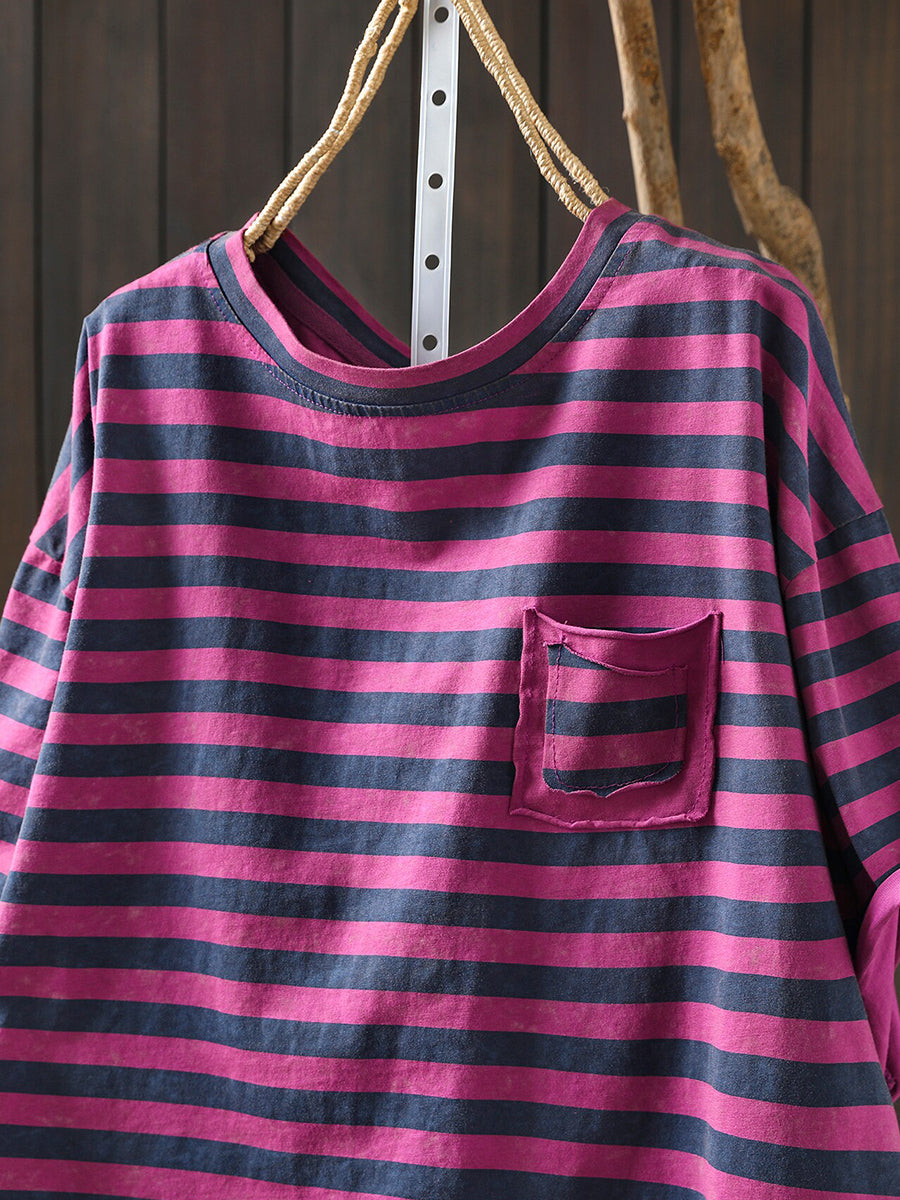 Plus Size Women Summer Casual Stripe O-Neck T-Shirt
