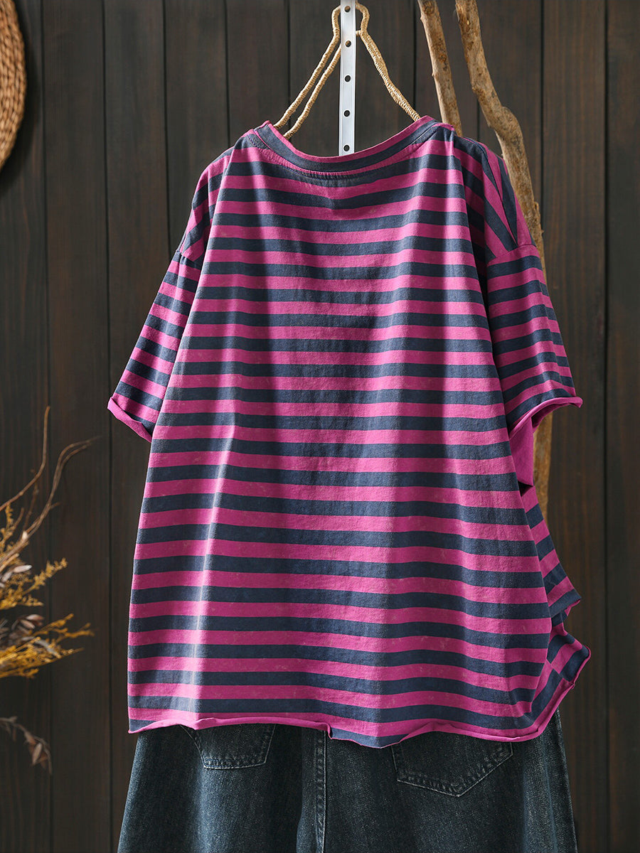 Plus Size Women Summer Casual Stripe O-Neck T-Shirt