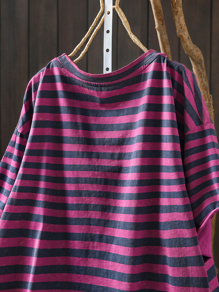 Plus Size Women Summer Casual Stripe O-Neck T-Shirt