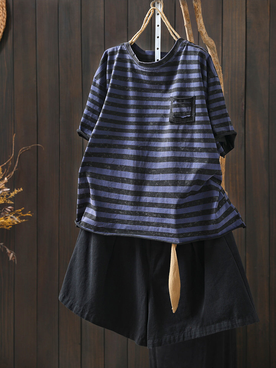 Plus Size Women Summer Casual Stripe O-Neck T-Shirt