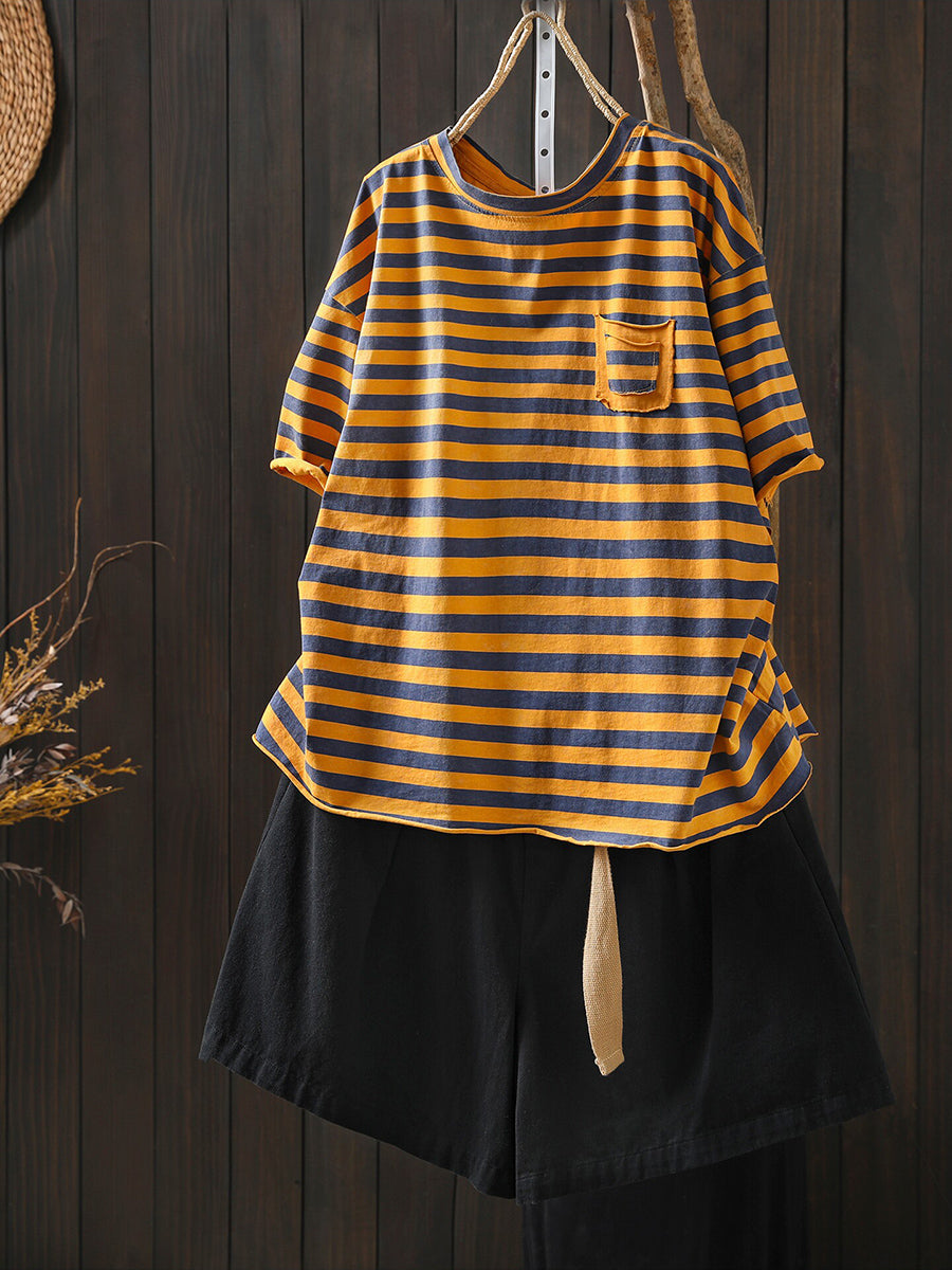 Plus Size Women Summer Casual Stripe O-Neck T-Shirt