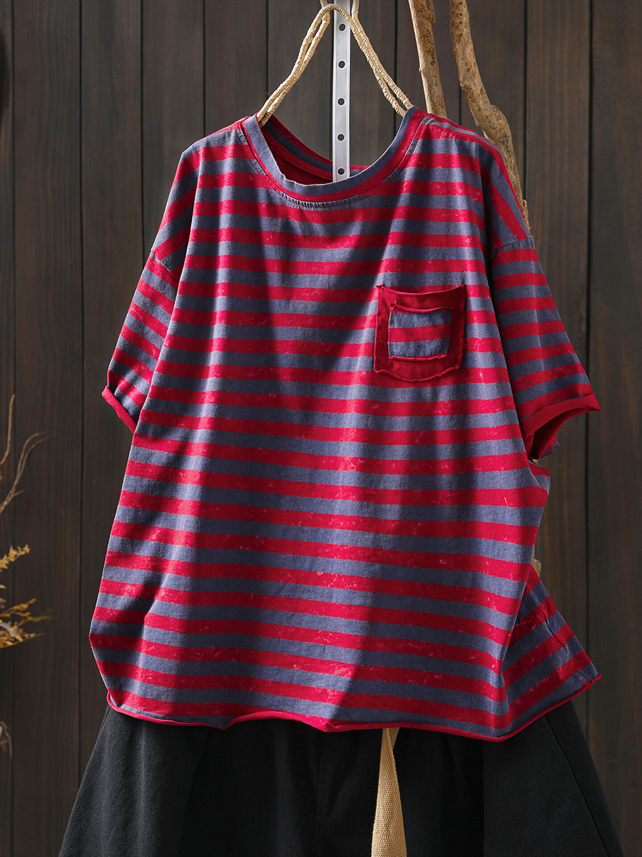 Plus Size Women Summer Casual Stripe O-Neck T-Shirt