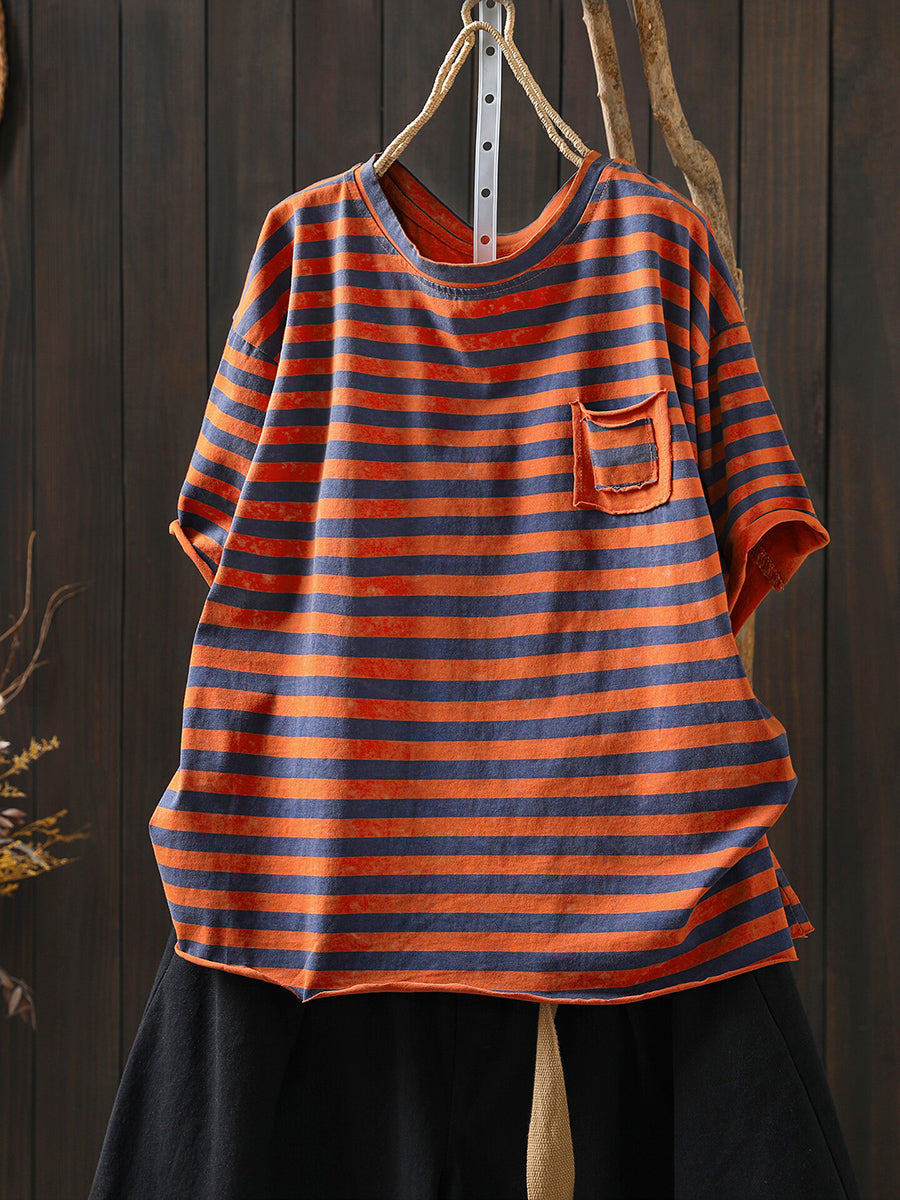Plus Size Women Summer Casual Stripe O-Neck T-Shirt