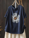 Plus Size Women Summer Casual Flower O-Neck T-Shirt