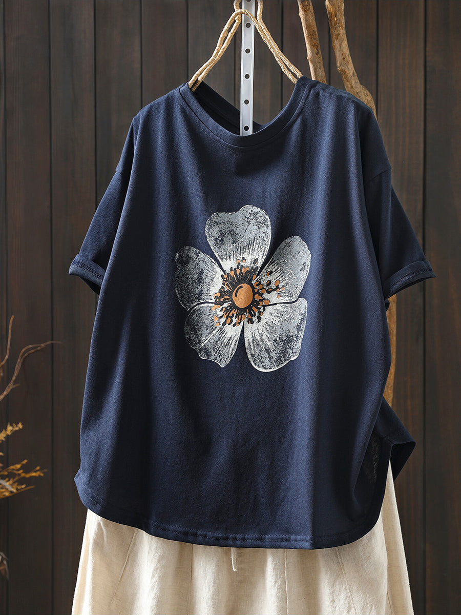 Plus Size Women Summer Casual Flower O-Neck T-Shirt