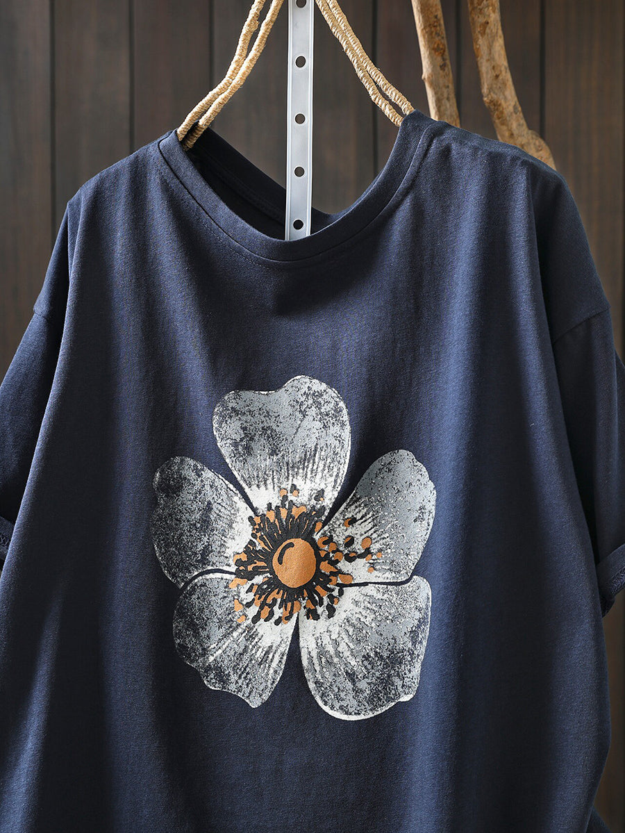 Plus Size Women Summer Casual Flower O-Neck T-Shirt