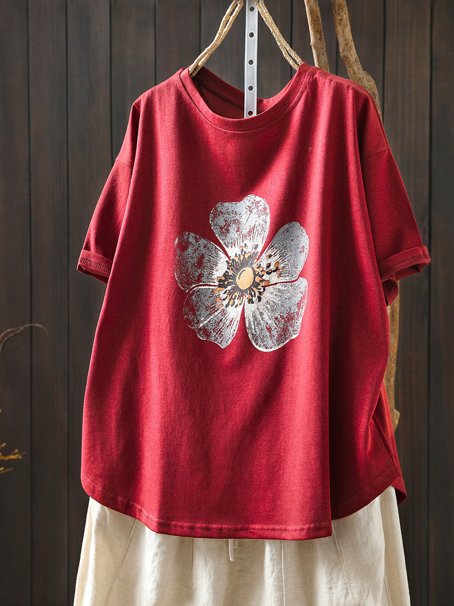 Plus Size Women Summer Casual Flower O-Neck T-Shirt