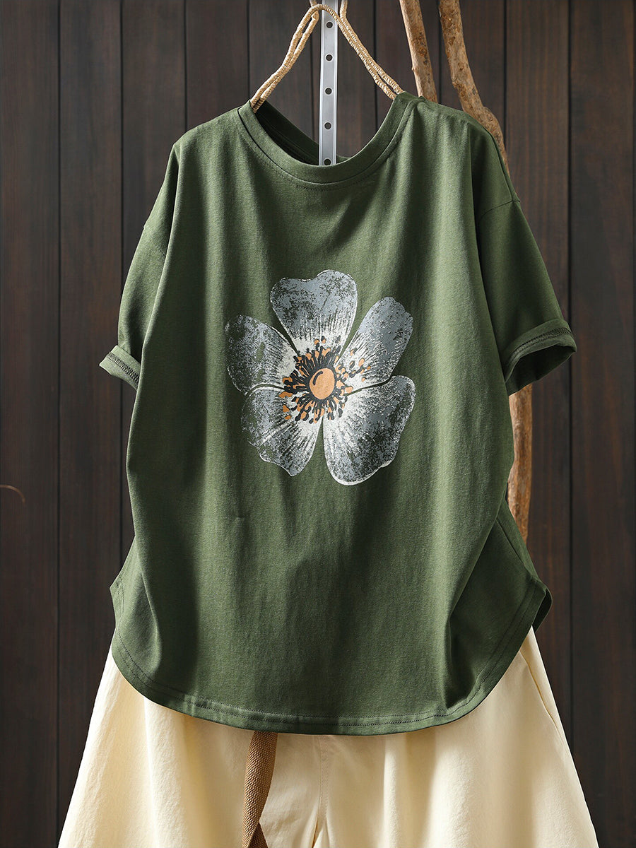 Plus Size Women Summer Casual Flower O-Neck T-Shirt