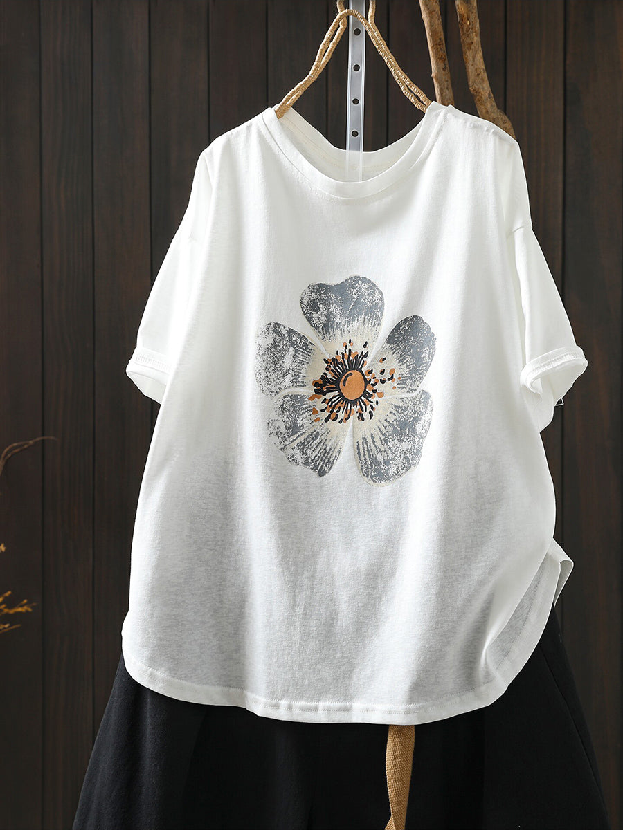 Plus Size Women Summer Casual Flower O-Neck T-Shirt