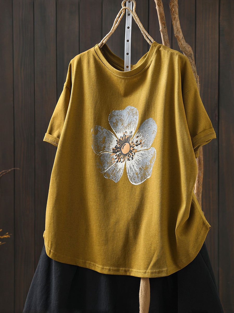 Plus Size Women Summer Casual Flower O-Neck T-Shirt