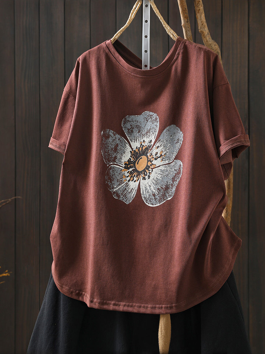 Plus Size Women Summer Casual Flower O-Neck T-Shirt