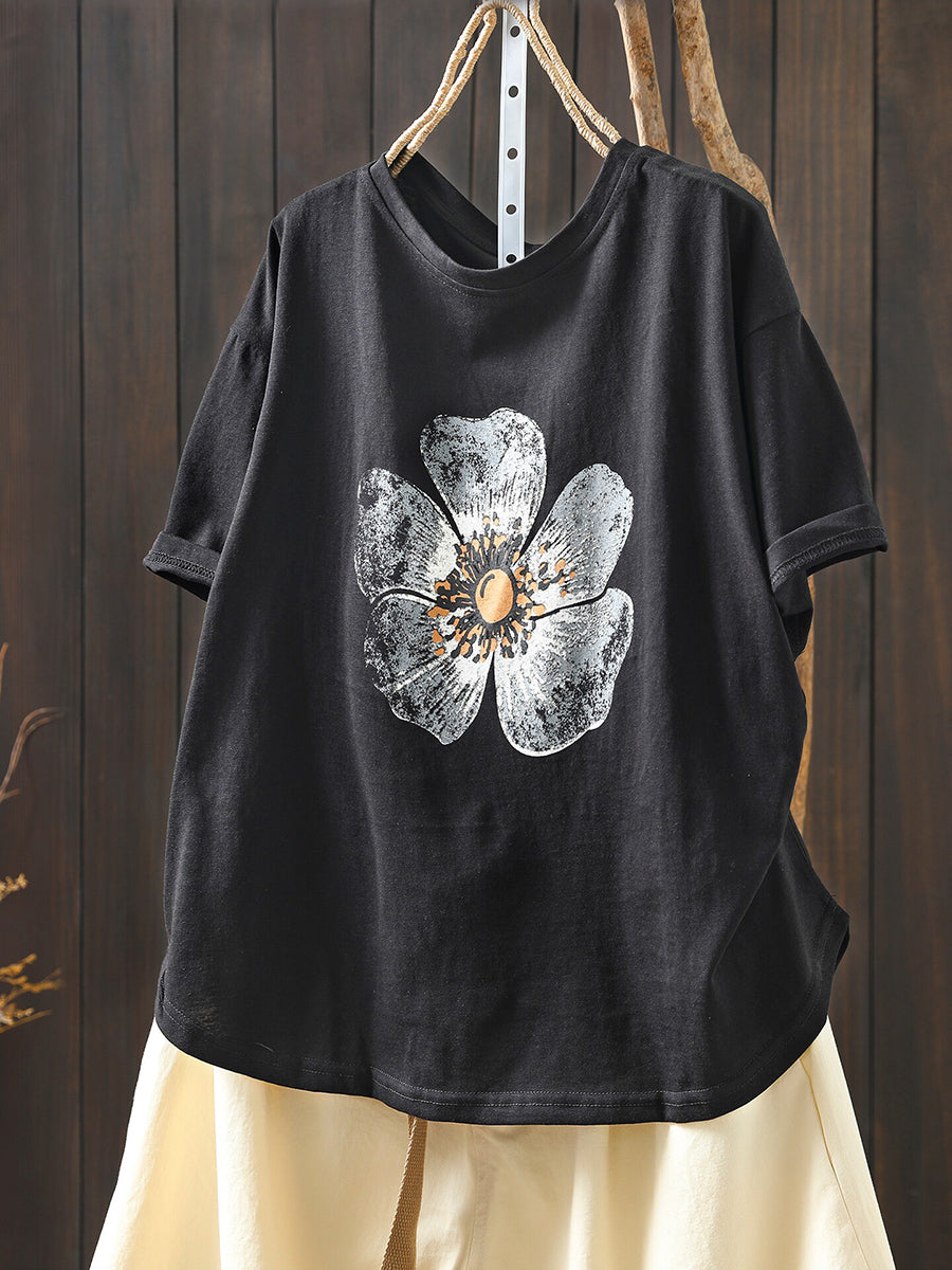Plus Size Women Summer Casual Flower O-Neck T-Shirt