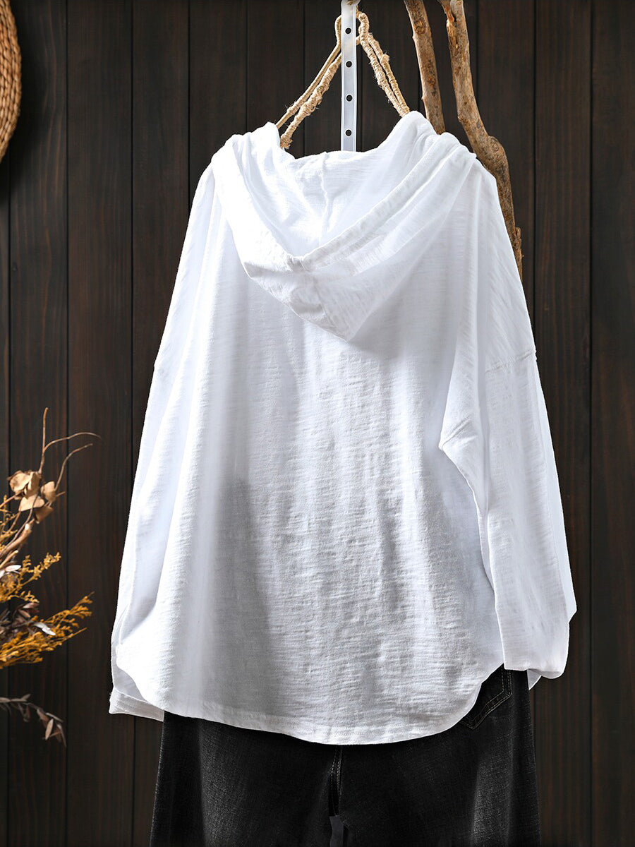 Plus Size Women Summer Casual Pure Color 100%Cotton Hoodie