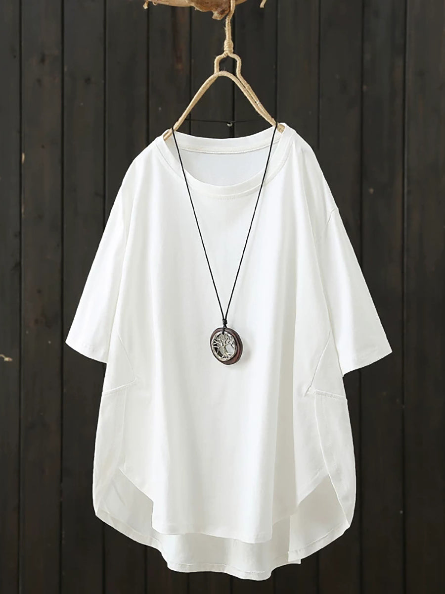 Plus Size Women Summer Casual Pure Color O-Neck T-Shirt