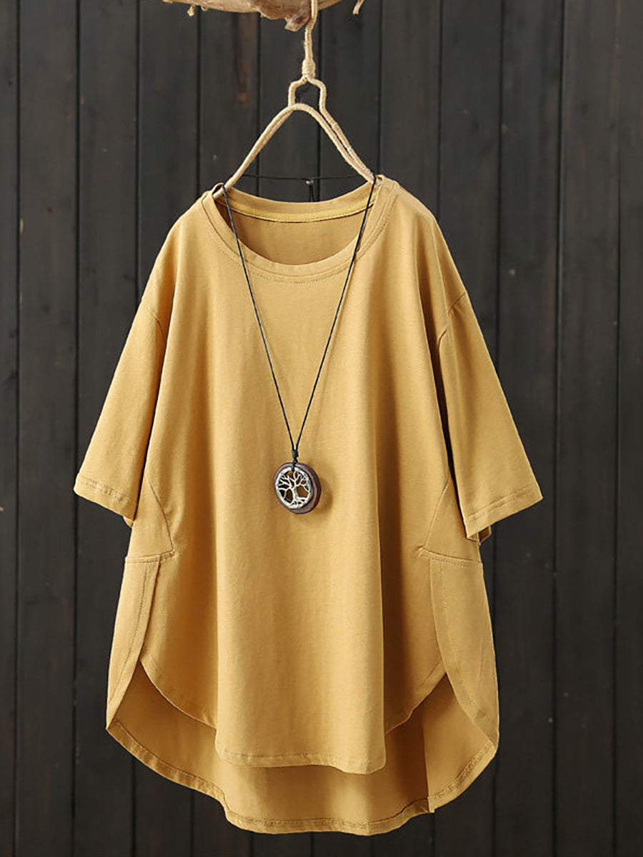 Plus Size Women Summer Casual Pure Color O-Neck T-Shirt