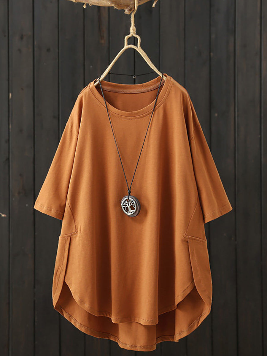 Plus Size Women Summer Casual Pure Color O-Neck T-Shirt