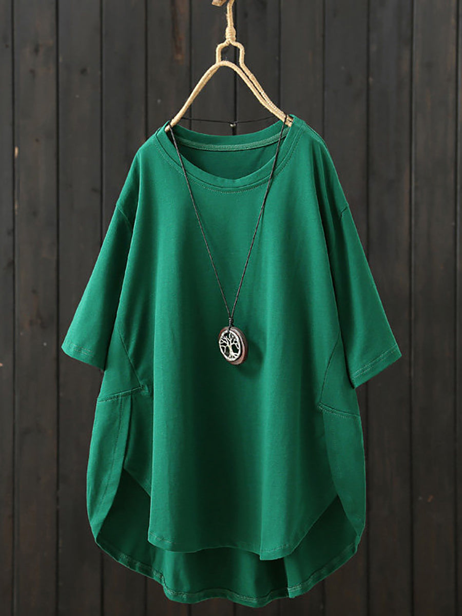 Plus Size Women Summer Casual Pure Color O-Neck T-Shirt