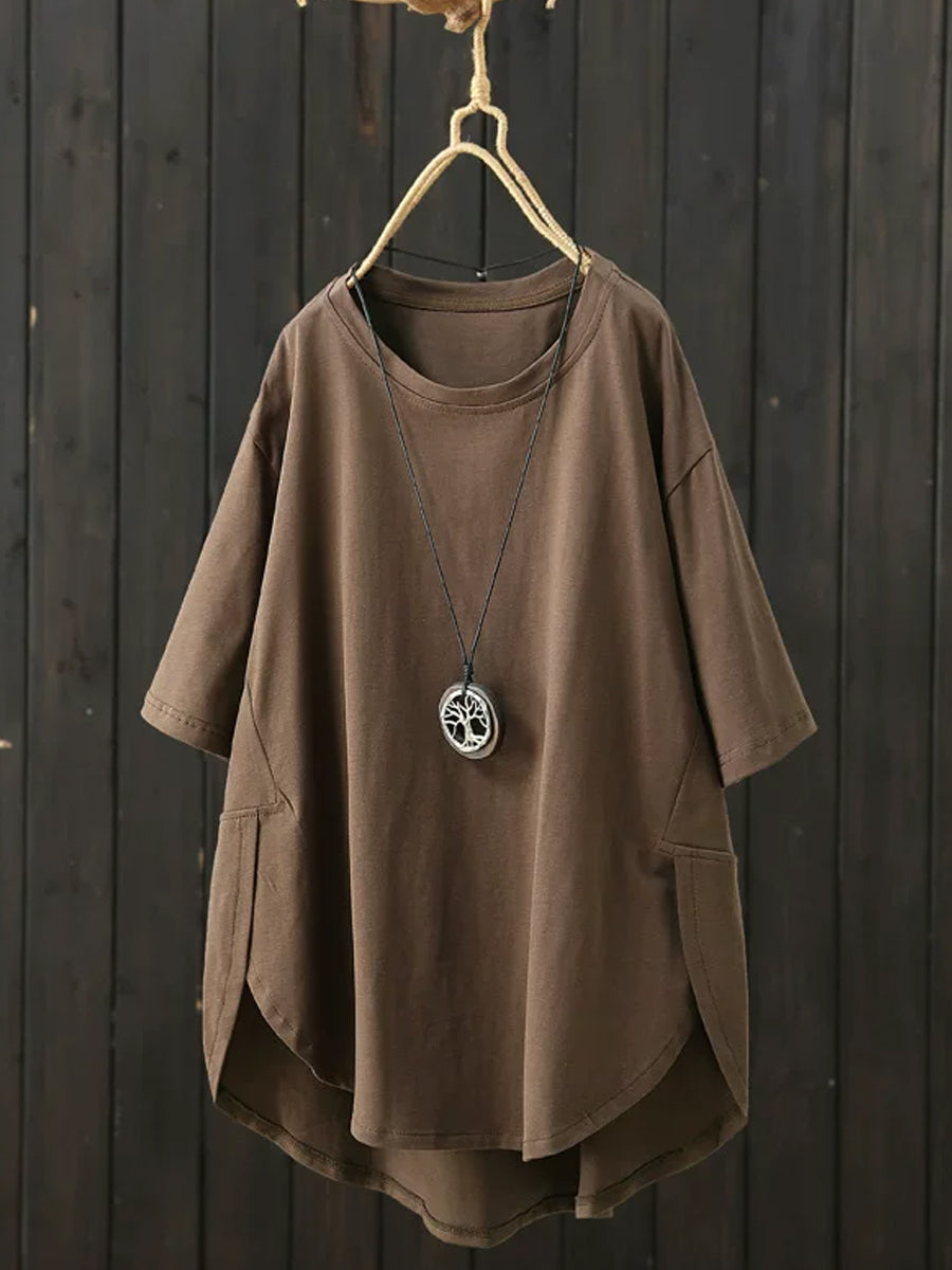 Plus Size Women Summer Casual Pure Color O-Neck T-Shirt
