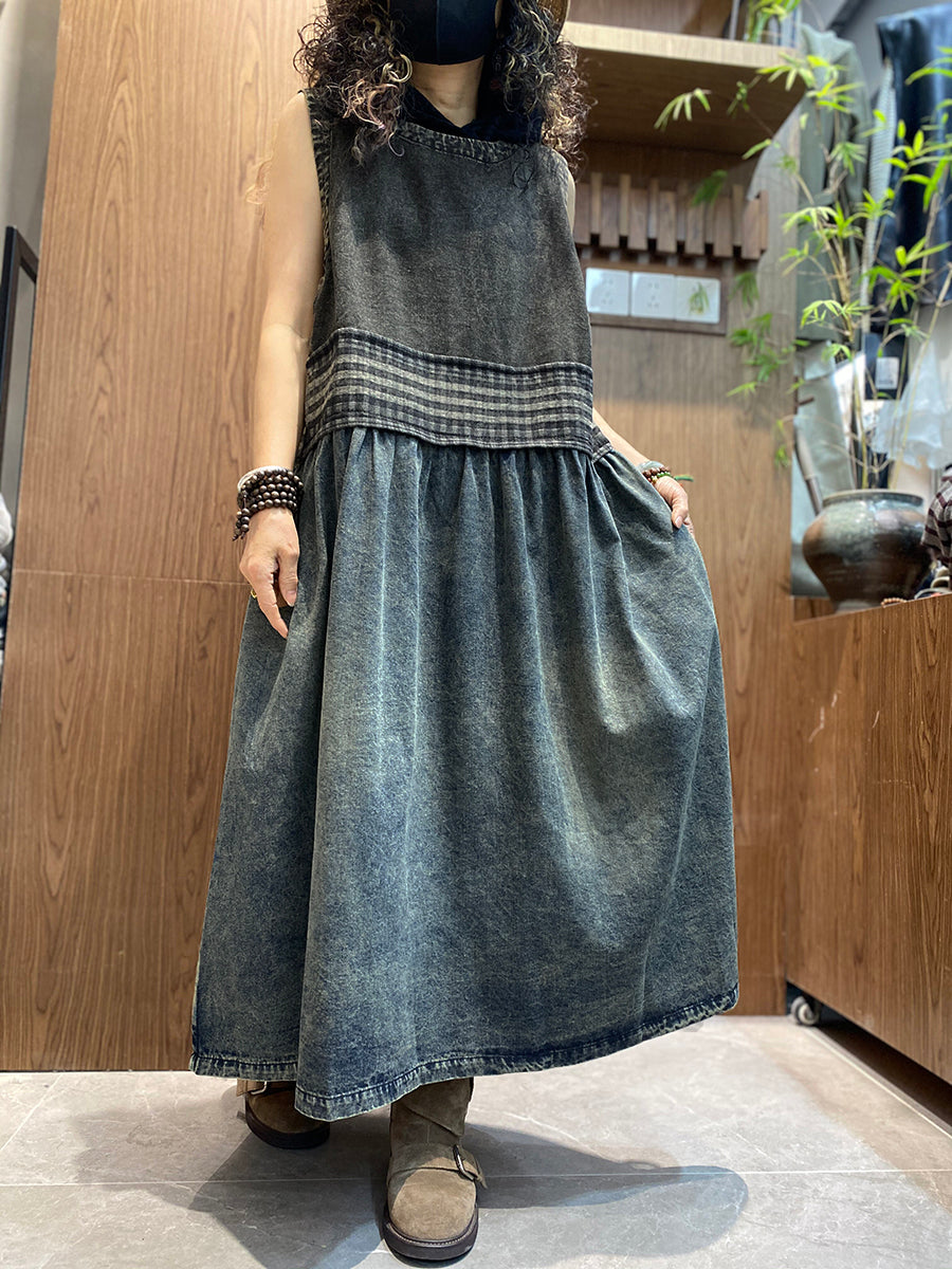 Women Summer Vintage Denim Spliced O-Neck Vest Dress