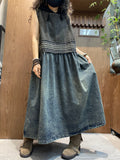 Women Summer Vintage Denim Spliced O-Neck Vest Dress