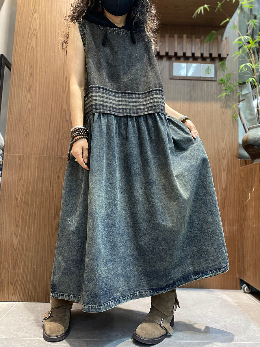 Women Summer Vintage Denim Spliced O-Neck Vest Dress
