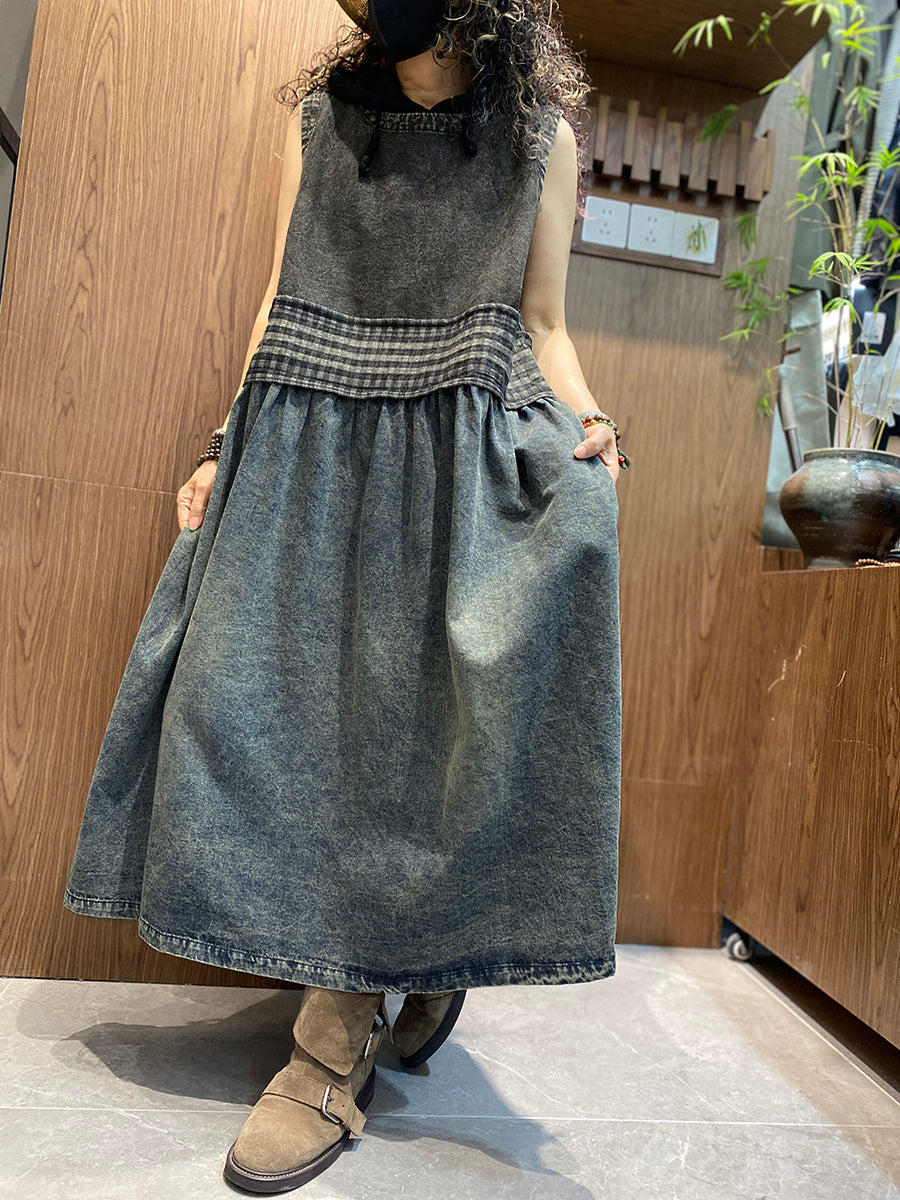 Women Summer Vintage Denim Spliced O-Neck Vest Dress