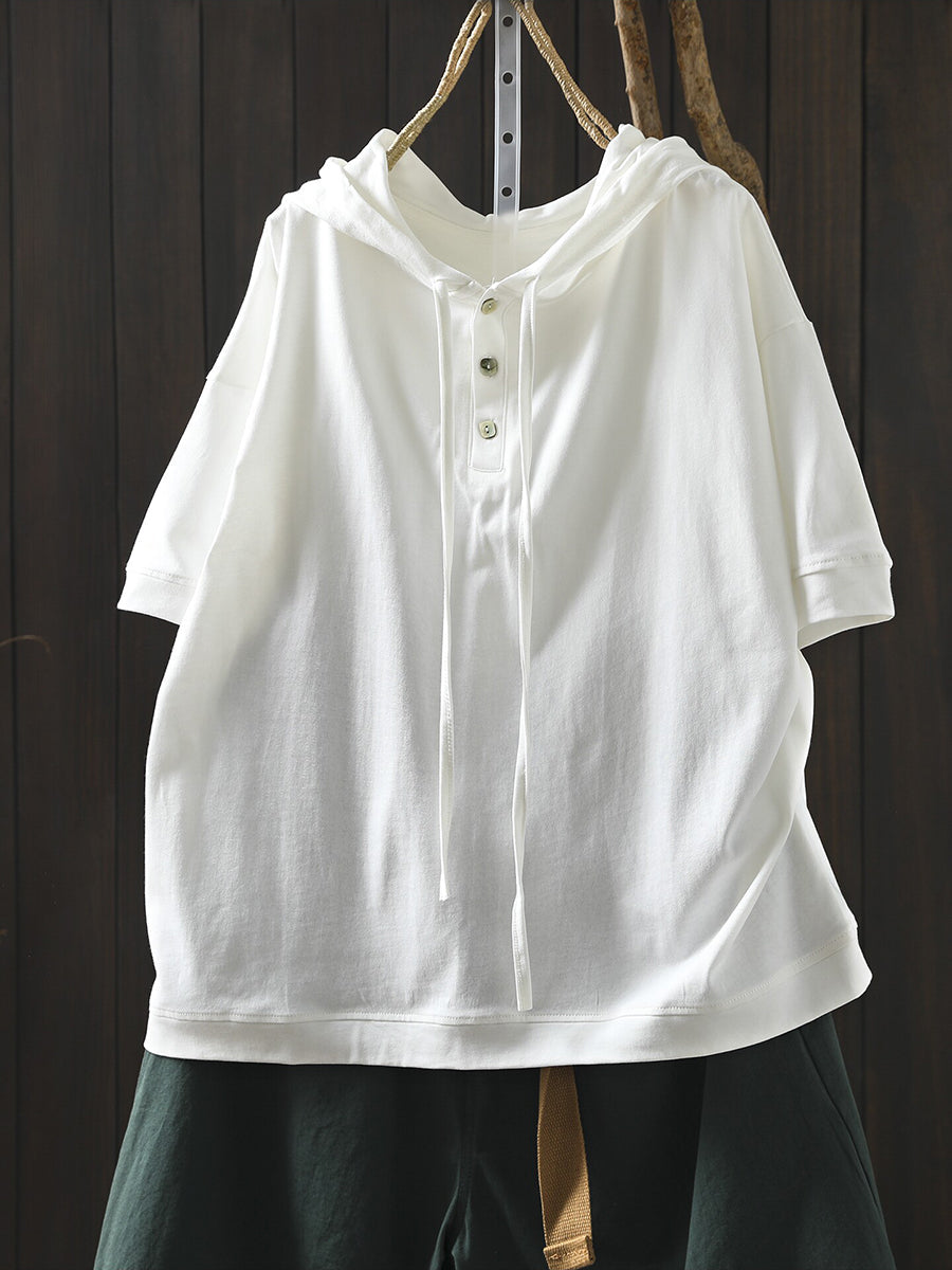 Plus Size Women Summer Casual Pure Color 100%Cotton Hoodie