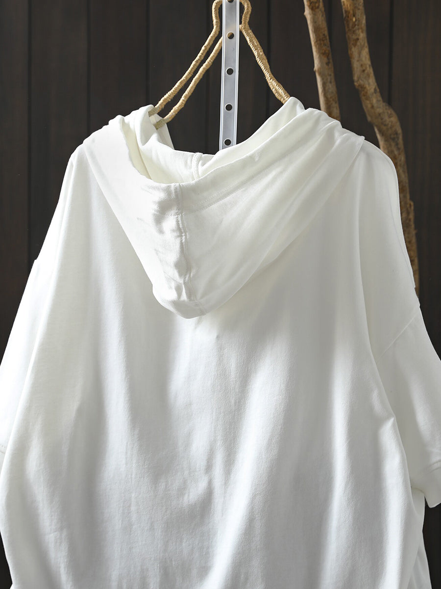 Plus Size Women Summer Casual Pure Color 100%Cotton Hoodie