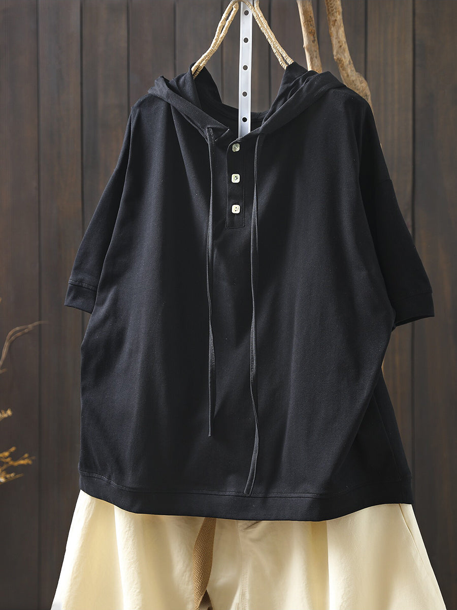 Plus Size Women Summer Casual Pure Color 100%Cotton Hoodie