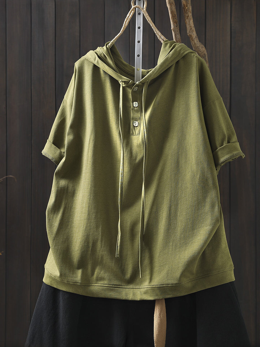 Plus Size Women Summer Casual Pure Color 100%Cotton Hoodie