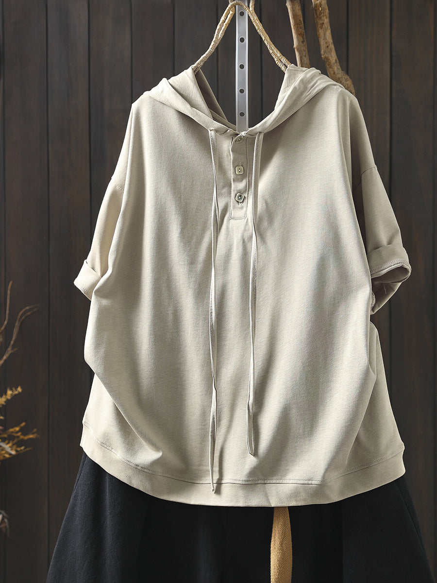Plus Size Women Summer Casual Pure Color 100%Cotton Hoodie