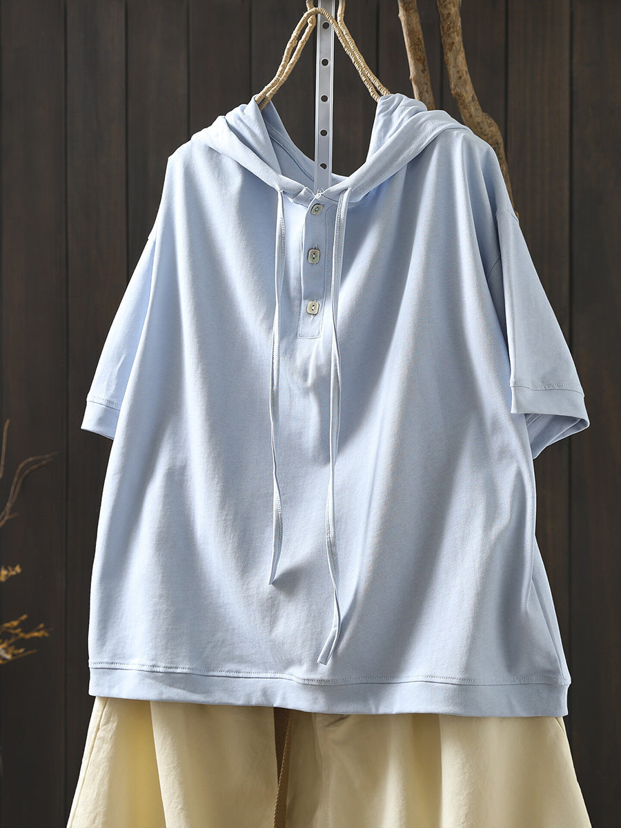 Plus Size Women Summer Casual Pure Color 100%Cotton Hoodie