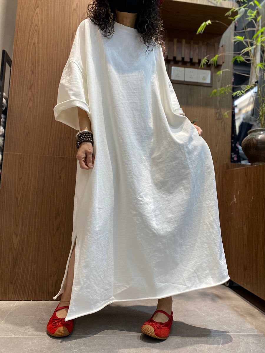 Plus Size Women Summer Vintage Pure Color O-Neck Dress