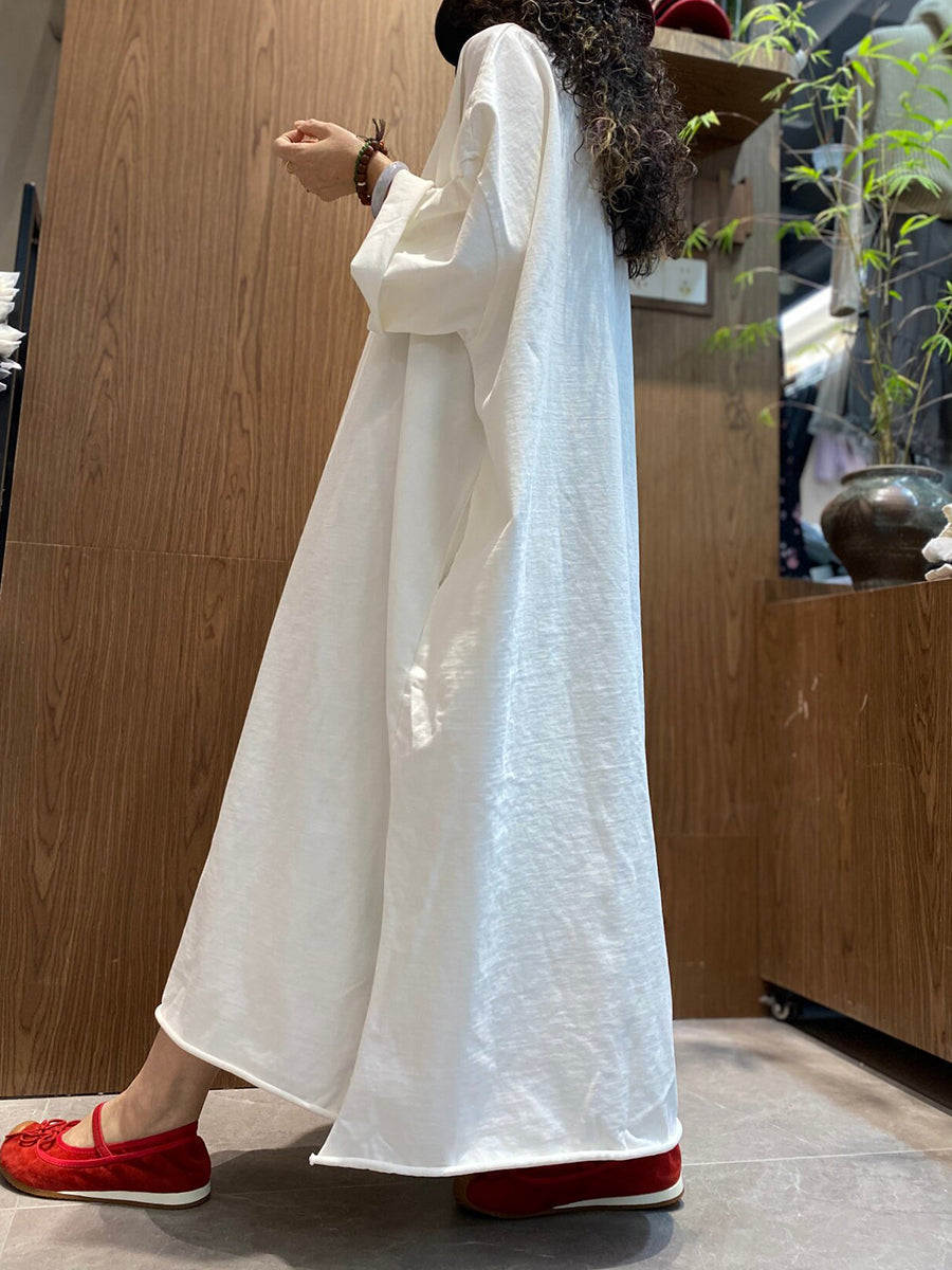 Plus Size Women Summer Vintage Pure Color O-Neck Dress