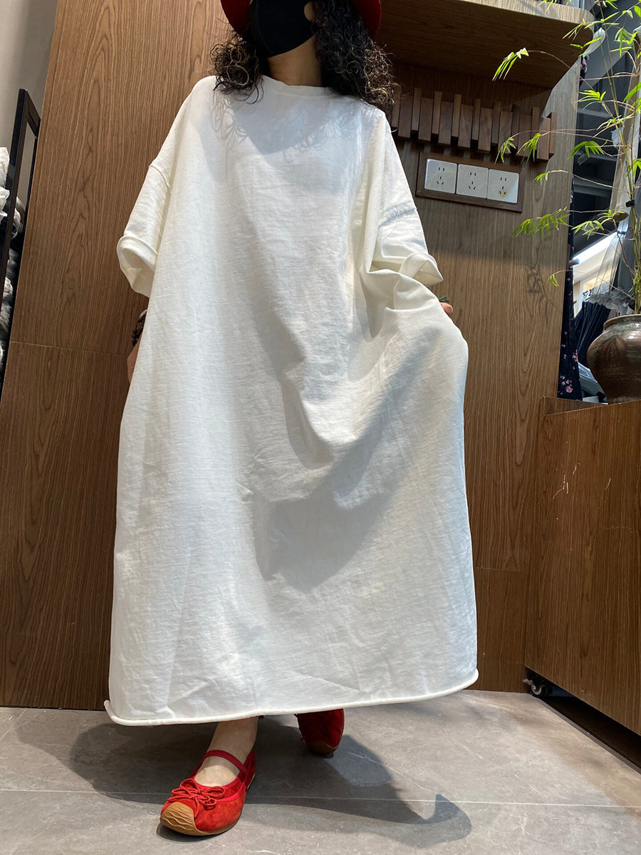 Plus Size Women Summer Vintage Pure Color O-Neck Dress