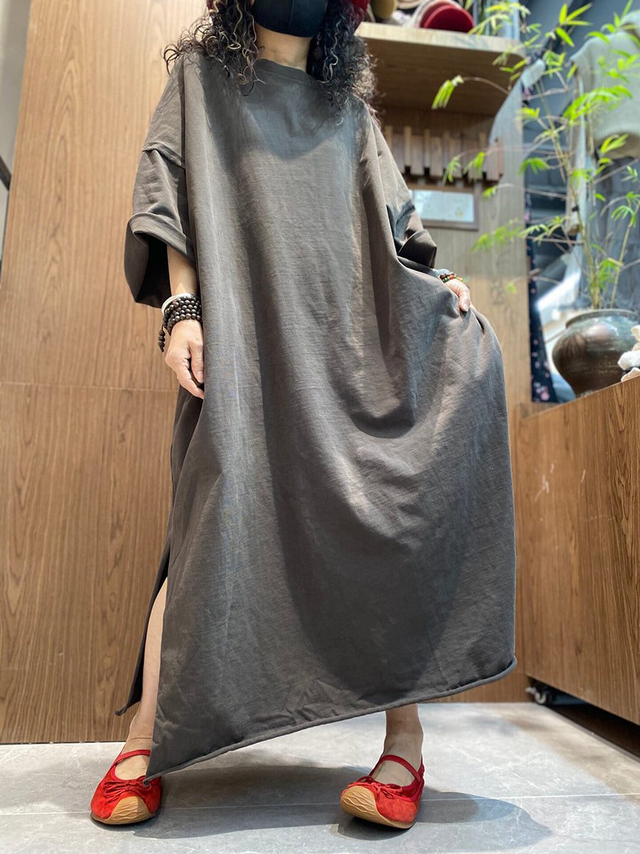 Plus Size Women Summer Vintage Pure Color O-Neck Dress