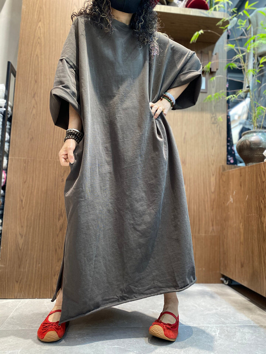 Plus Size Women Summer Vintage Pure Color O-Neck Dress