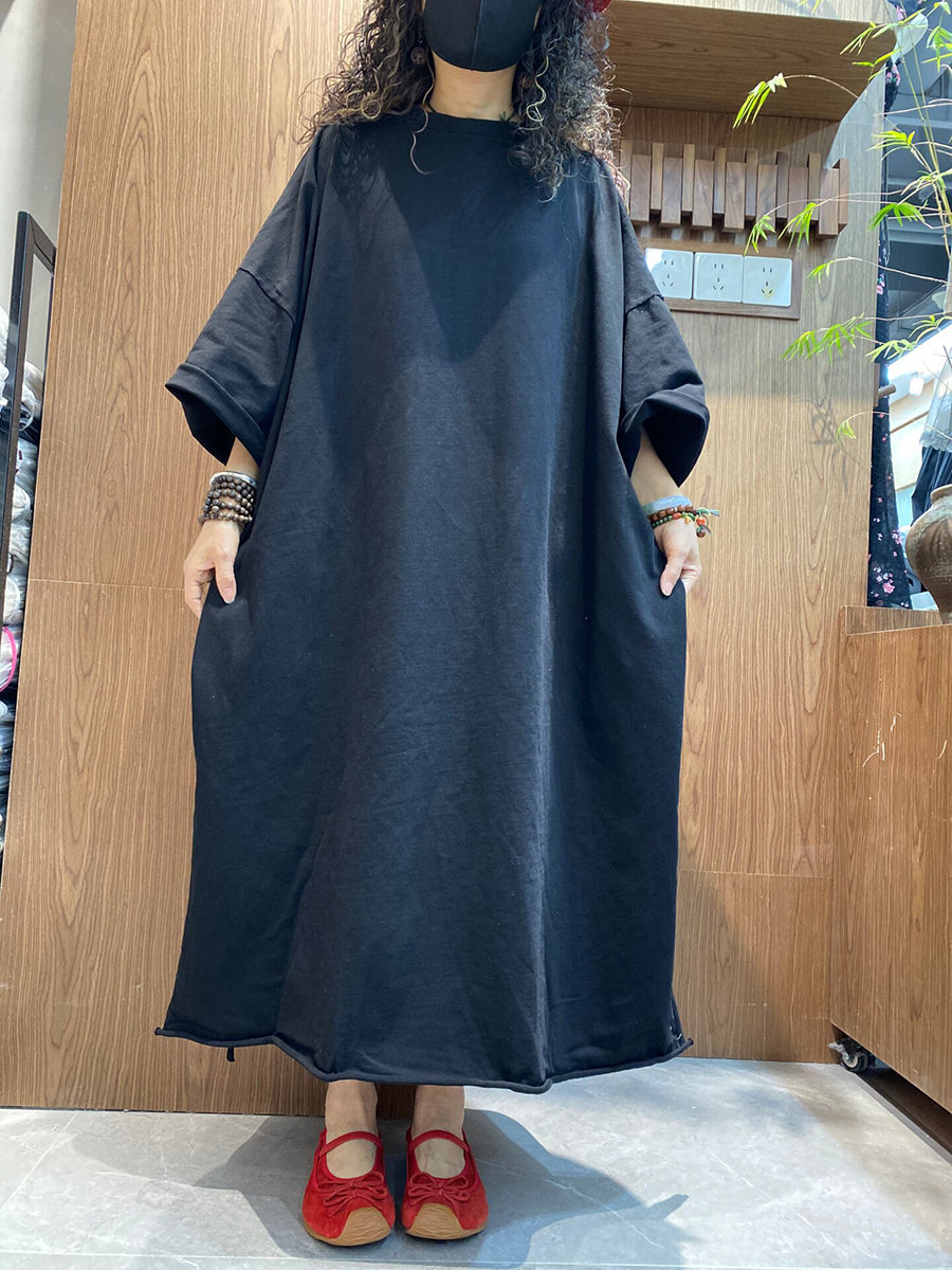 Plus Size Women Summer Vintage Pure Color O-Neck Dress