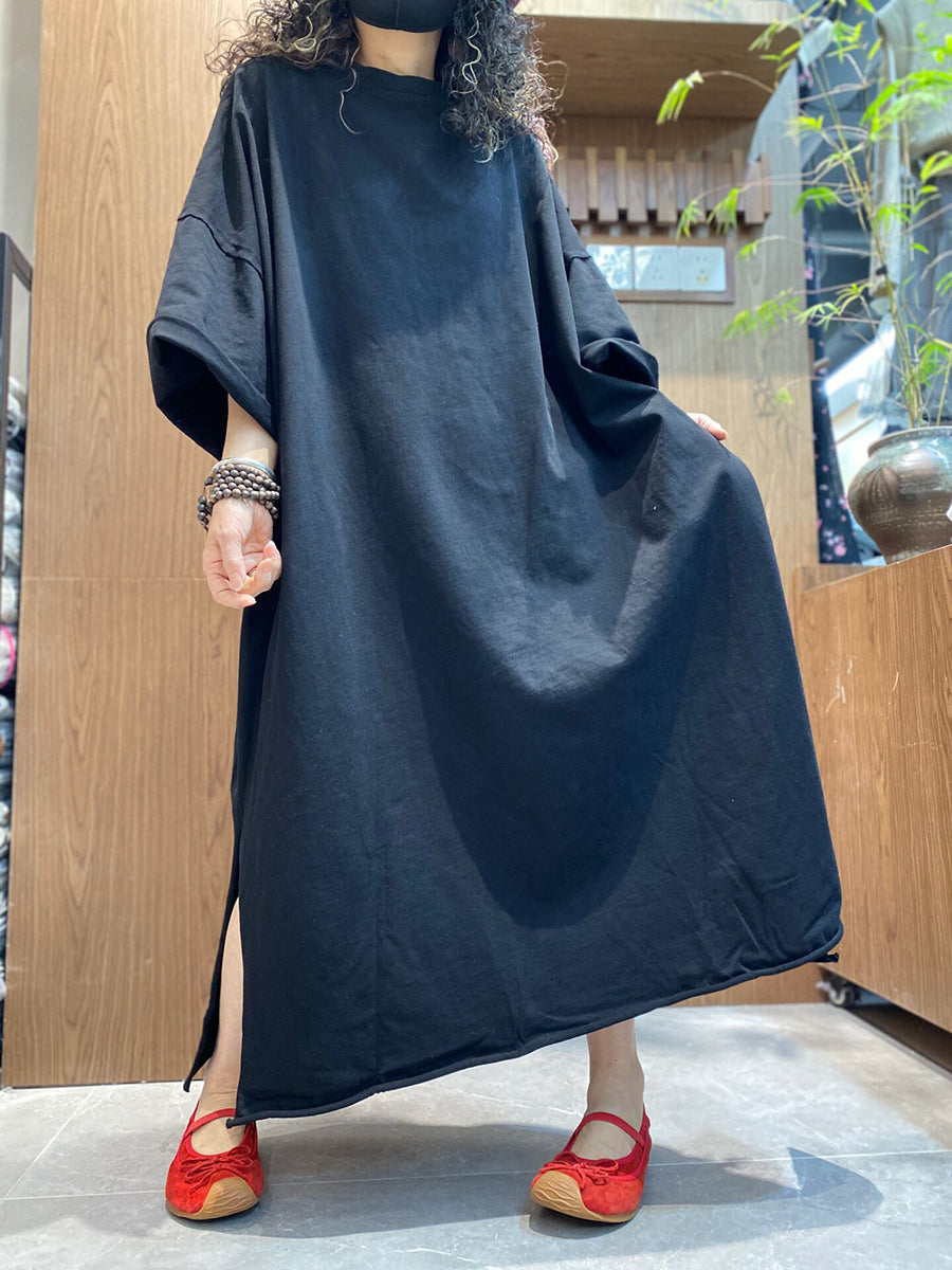 Plus Size Women Summer Vintage Pure Color O-Neck Dress