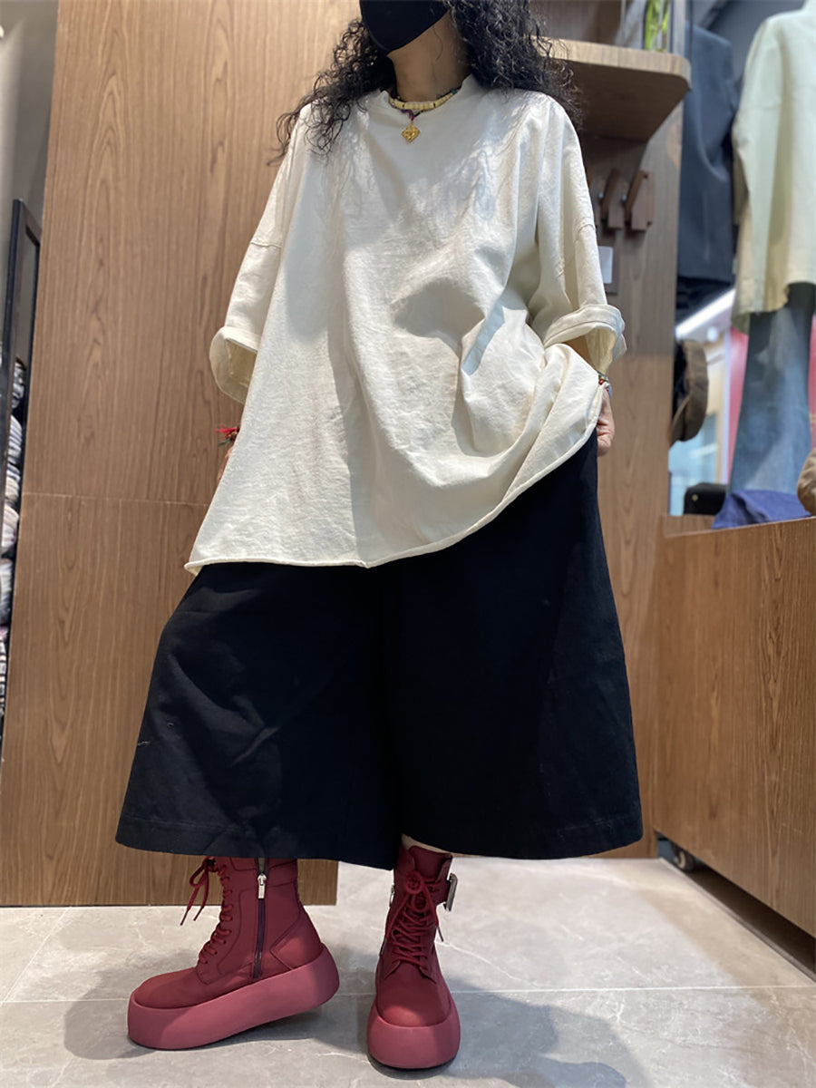 Plus Size Women Summer Casual Pure Color O-Neck Cotton T-Shirt