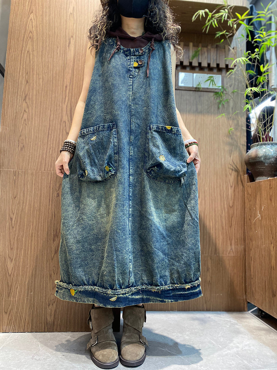 Women Summer Vintage Denim O-Neck Vest Dress