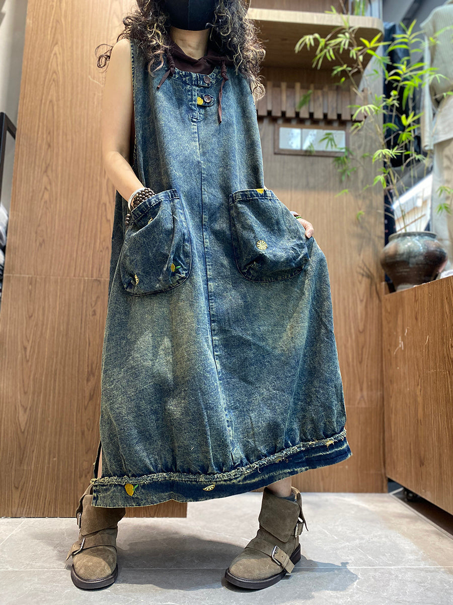 Women Summer Vintage Denim O-Neck Vest Dress
